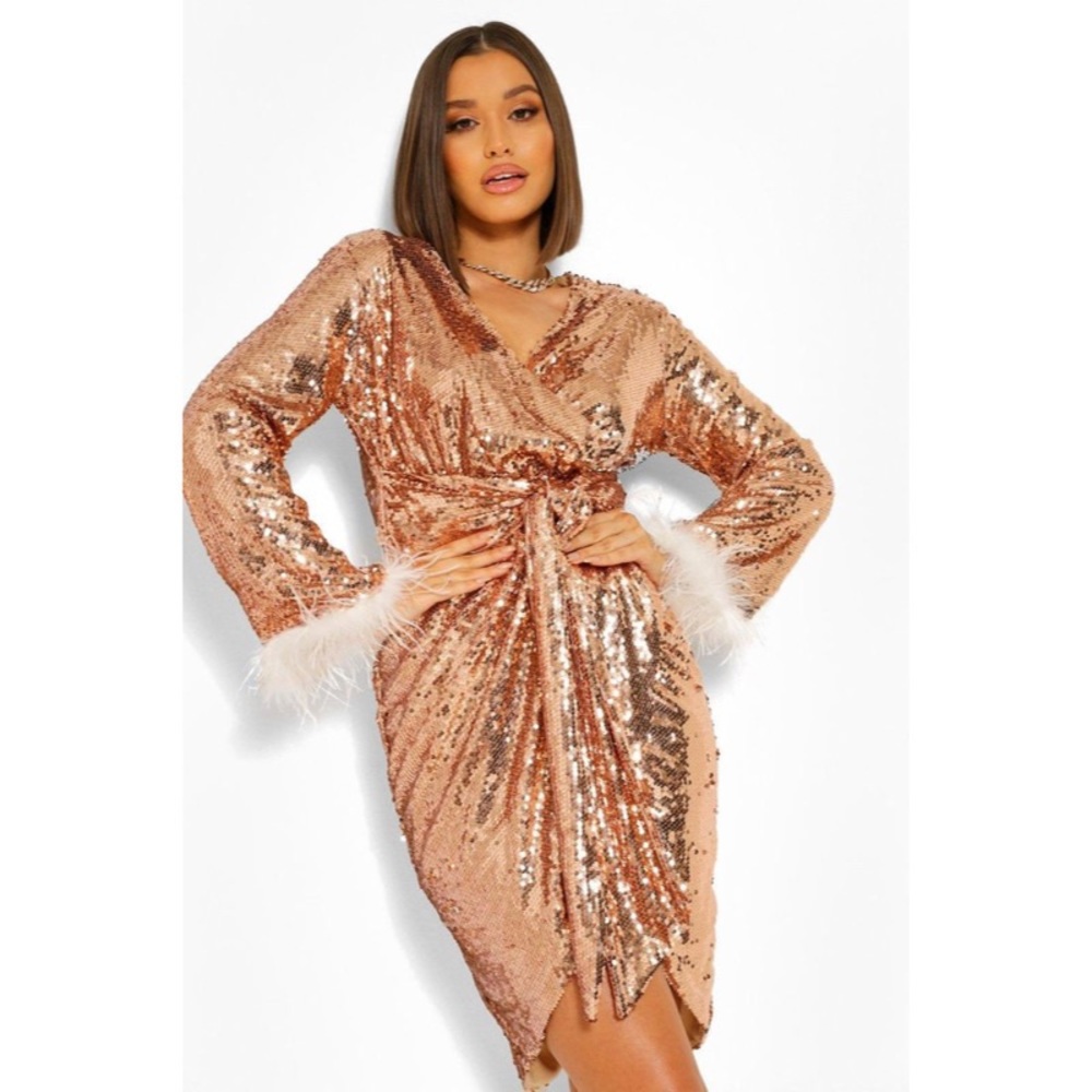 Boohoo Gold Sequins Feather Trim Party Bodycon Midi Faux Wrap Dress Sz 12 Large